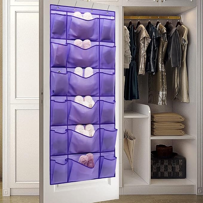 Over The Door Hanging Shoe Rack Organizer with 6 Extra Large and 12 Large Fabric Pockets Shoe Holder for Home Storage (PURPLE)-NeatNest