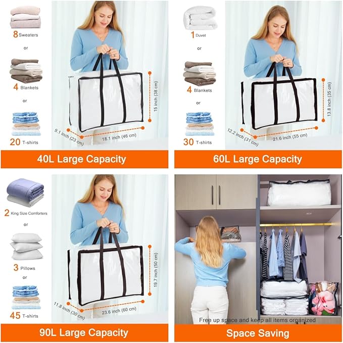 Vieshful 3 Pack 40L+60L+90L Clear Clothes Storage Bag, Zippered Closet Organizer, Plastic Storage Containers Moving bags for Comforter, Blanket, Bedding, Duvet, Toys-NeatNest