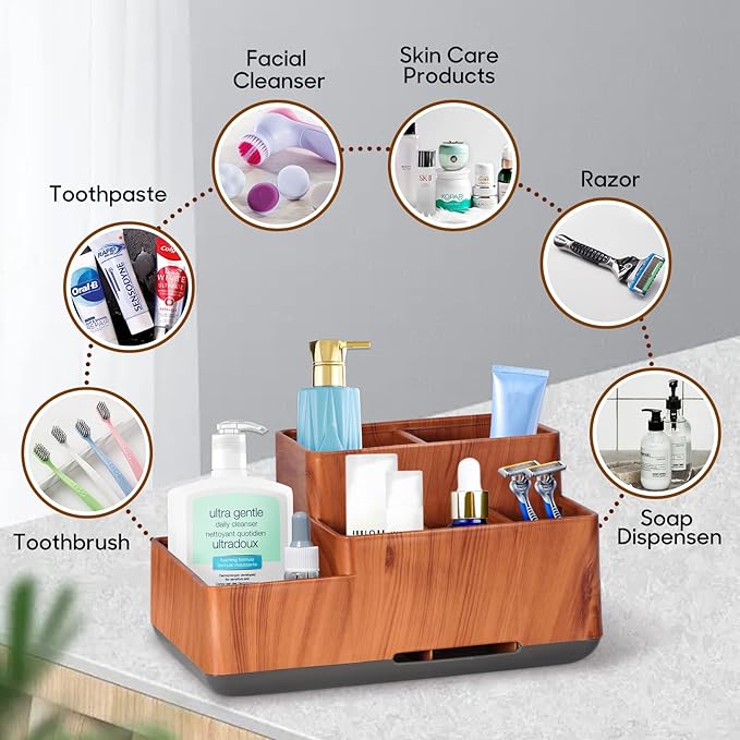 Toothbrush Holder,Bathroom Organizer Countertop, 5 Compartments Multifunctional Storage for Cosmetic, Makeup, Office Stationery Pencil,Toothpaste, Toothbrush,Ideal Gift for Home, Office（Bule）