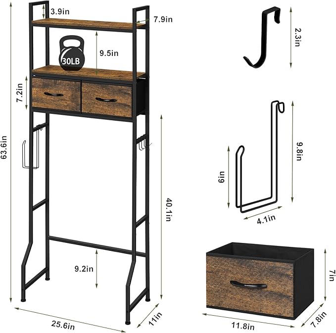 ETELI Over The Toilet Storage Cabinet Bathroom Storage Cabinet Over Toilet Fit Most Toilets Above Toilet Shelf Bathroom Shelf Organizer with Fabric Drawers, Rustic Brown