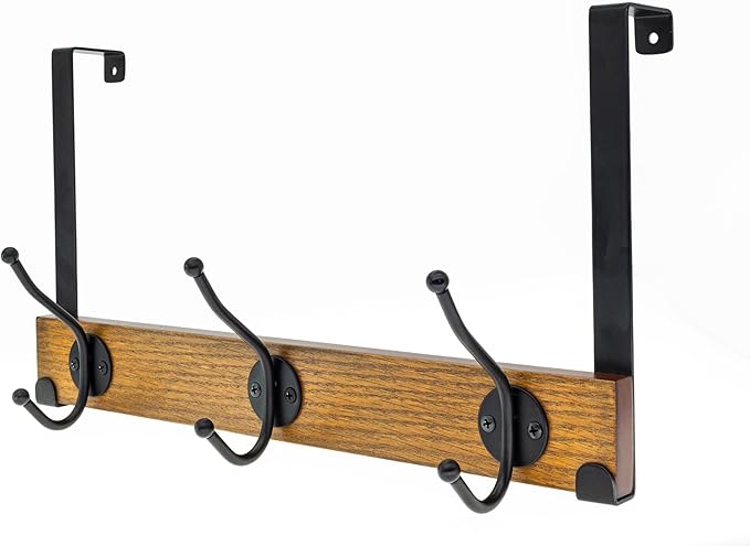 creathome Dual-Purpose Wooden Hanger with 3 Round Hooks Classic Color, Behind/Over The Door Towel Rack for Bathroom, Heavy Duty Wall Mounted Coat Rack, No Drilling