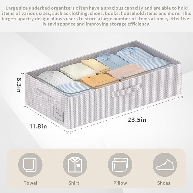 3Pcs Under Bed Storage Bins with Metal Frame - Shoe Organizer for Closet with Clear Cover Oxford Fabric Sturdy Underbed Container Foldable Stackable Clothes Organizer (Grey, 23.5x11.8x6.3)-NeatNest