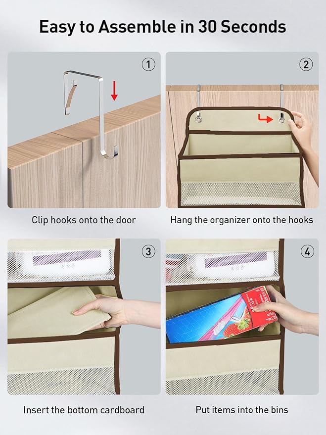 Yecaye 2 Pc Over the Door Organizer with 5 Bins 10 Side Pockets, 44lbs Load Hanging Bathroom and Bedroom Organizer, behind the Door Hanging Organizers for Nursery Newborn Baby Essential Stuff Beige-NeatNest