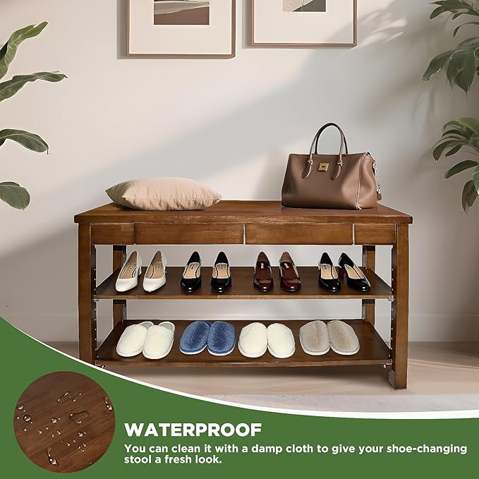 Wood Shoe Bench Entryway with Drawer: 2-Tiers Wooden Storage Shoe Rack with Bench Seat, Compact Mid-Century Modern Design for Entryway, Hallway,Closet,Front Door Entrance,Foyer Walnut 39.3"