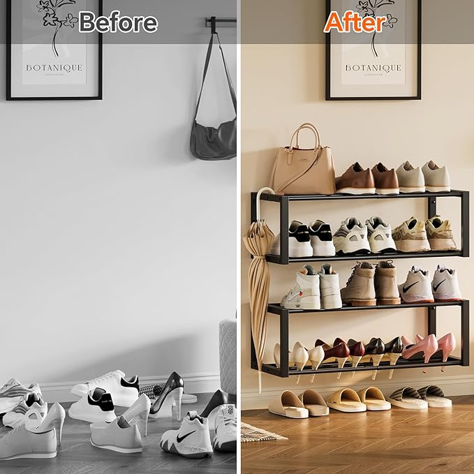 Homeiju Hanging Shoe Organizer,2 Pack Wall Mounted Shoe Rack Holds 12 Pairs,Space Saving Metal Wall Shoe Rack,Hanging Shoe Rack Shoe Holder for Small Space,Entryway,Closet,RV,Camper（Black-NeatNest