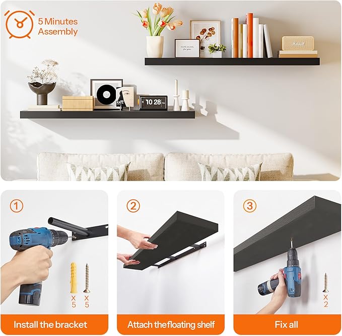 HOOBRO Floating Shelves for Wall, Wall Mounted Shelf Set of 2, 55" Hanging Shelf with Invisible Brackets, for Wall in Bathroom, Bedroom, Toilet, Kitchen, Living Room, Office, Black BK140BJP201-NeatNest