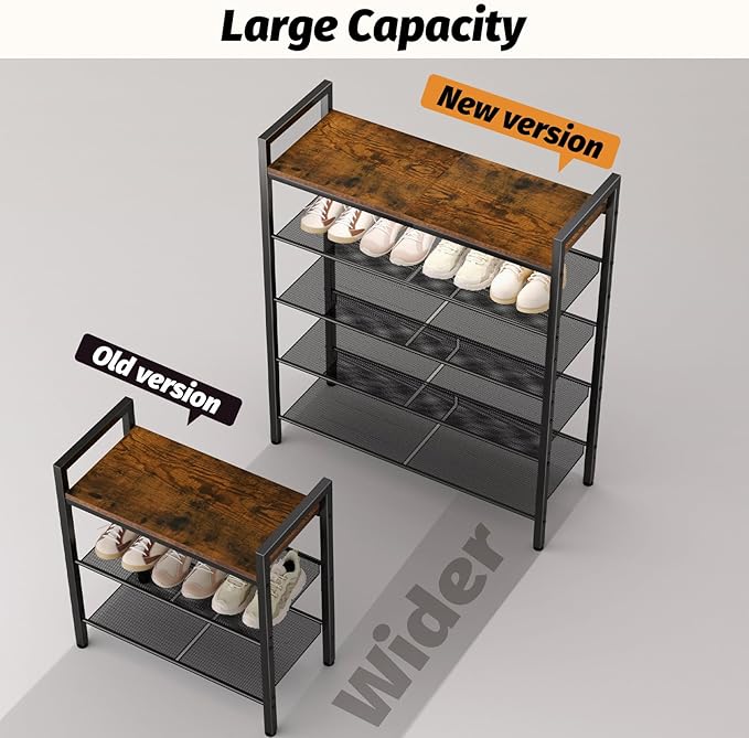 Shoe Rack for Front Door Entrance, 5 Tier Shoe Rack for Entryway, 16-20 Pairs of Shoes, Metal Shoe Rack Organizer, Free Standing Shoe Rack for Closet (Black+Rustic Brown)-NeatNest
