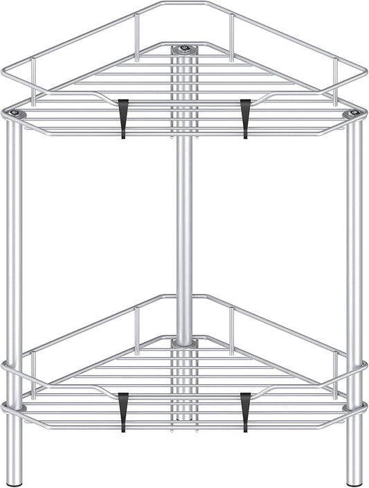 2 Tier Floor Standing Corner Shower Caddy Organizer Shelf with Hooks, Bathroom Shelves Stand Rack, Silver