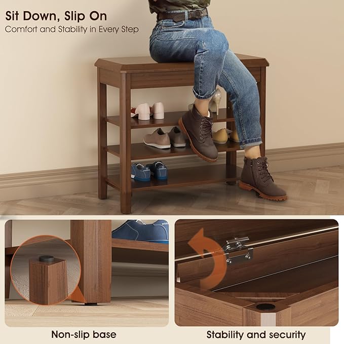 Shoe Rack Bench Seat Rubberwood 3-Tier Wooden Storage Bench 550lbs Compact Mid-Century Modern Design for Entryway, Hallway, Closet, Front Door Entrance, Foyer-NeatNest