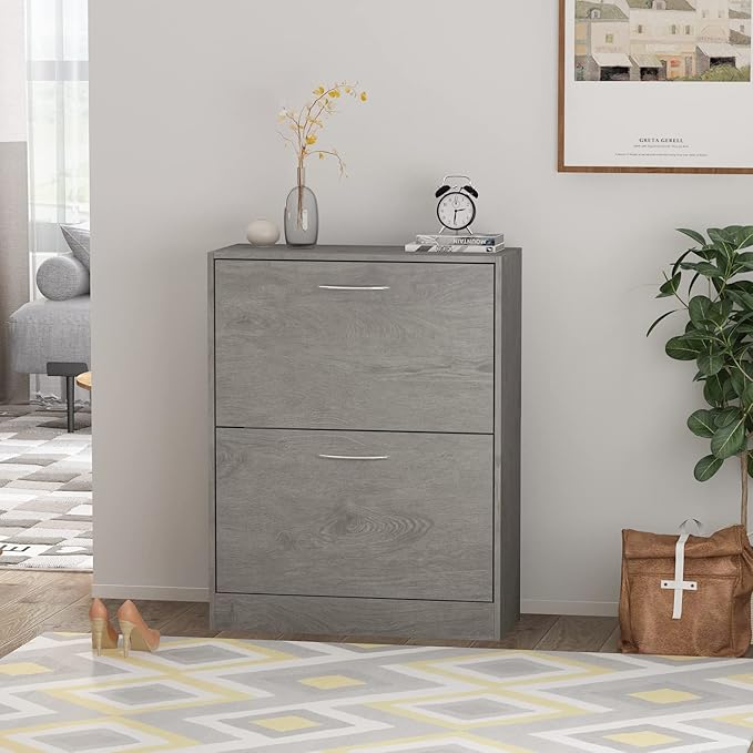 Homsee Modern Shoe Storage Cabinet with 2 Flip Drawers, Wood 2-Tier Shoe Rack Storage Organizer for Entryway, Hallway & Bedroom, Grey (22.4”L x 9.4”W x 29.3”H)-NeatNest
