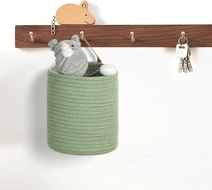 DULLEMELO Hanging Basket with Handle, Set of 2 Small Rope Hanging Wall Baskets for Decor, 7 X 8 Inches Woven Fern Hanging Storage Basket for Organizing (Green)-NeatNest