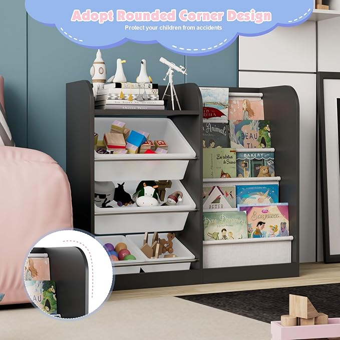 Black Kids Wood Bookshelf Toy Storage Box Organizer Shelf W/4 Removable Plastic Toy Bins Children Bookcase Toddler Baby Sling Book Rack Cabinet Chest Girl Boy Gift Playroom Classroom Bedroom Nursery-NeatNest