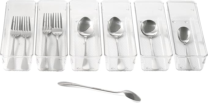 ihomecooker 6 Set Clear Plastic Junk Drawer Organizer Vanity Curlery Utensil Makeups Organizer for Kitchen 9''X 3''-NeatNest