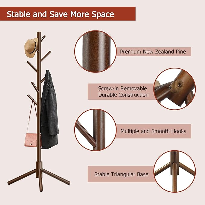 Wooden Coat Rack, Free Standing Coat Rack with 8 Hooks 3 Adjustable Heights for Clothes, Hats, Handbags, Coat Tree Easy Assembly for Entryway, Bedroom, Hallway, Office (New Brown)-NeatNest