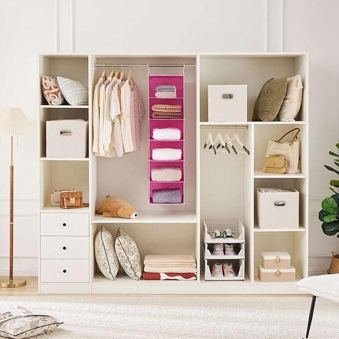 MAX Houser 6-Shelf Hanging Closet Organizer, Hanging Storage Shelves with 2 Sturdy Hooks Space-Saving for Bedroom, Foldable (Pink)-NeatNest