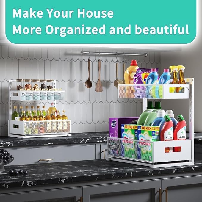 Under Sink Organizer Adjustable Height 2 Tier Bathroom Organizer Pull Out Cabinet Organer kitchen organizers and storage fridge organizers and storage,White,XL-1 Pack-NeatNest