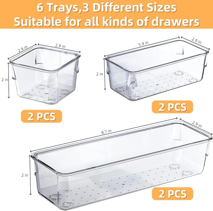Drawer Organizer, Makeup Organizer, Desk Drawer Organizer, Acrylic Storage Bins for Makeup, Skincare, Jewelry, Office Supplies Used in Vanity, Kitchen, Bedroom, Bathroom, Office - 6pcs-NeatNest