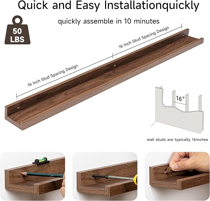 Fun Memories Picture Ledge Shelf, 36 Inch Floating Shelves Set of 2, Nursery Book Shelves for Toys Storage, Kids Bookshelf Wall Mounted for Wall Decor Books Photo Frames, Walnut-NeatNest