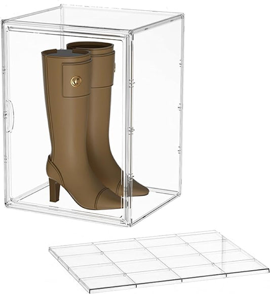 Attelite XXX-Large Clear Display Case Stackable Plastic Storage Bins with Lid, 2 Tiers Boot Shoe Box Organizers with an Adjustable Divider, Big Acrylic Display Storage Box with Magnetic Door