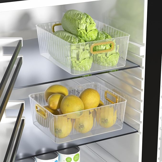 6 Packs Plastic Storage Organizer Bins with Handle for Refrigerator Kitchen Pantry, Clear Shelf Closet Basket Bins