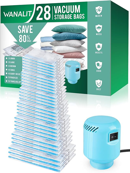 Vacuum Storage Bags with Electric Air Pump, New Air Valve Combo 28 Pack Compression Bag, Space Saving Vacuum Sealer Bag for Clothes, Blanket, Duvets, Pillows, Comforters, Travel, Two Compressing Ways-NeatNest