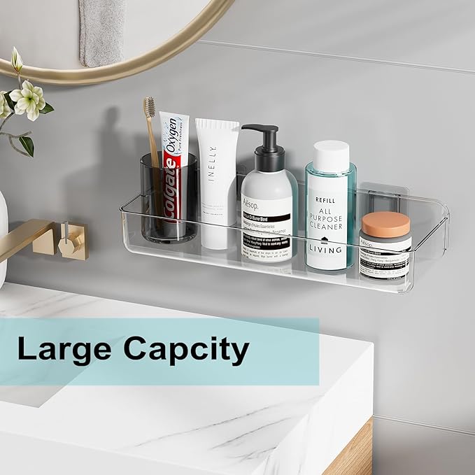 Wall Mounted Storage Organizer Bins Organizing Shelf Basket Clear Plastic Makeup Organizer Adhesive Hanging Bin Fridge Organizer for Bathroom,Kitchen,Cabinet,Pantry,Countertops (13.7×5×2.7”)-NeatNest
