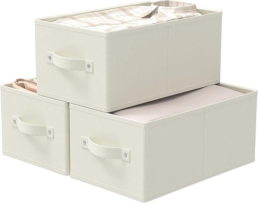 Foldable Closet Organizer, 3 Pack Cube Storage Bin, Clothes Basket for Shelves with 2 Handles, Saving Space, Beige, 18.5 x 11 x 7.9 In, XSNY11BEL-3-NeatNest