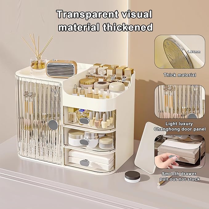 DASITON Makeup Organizer for Vanity,Large Capacity Makeup Storage Organizer with 3-Layer Drawers and Mirror,Cosmetics Display Case Make up Organizers for Vanity,Bedroom,Countertop(Clear-Cream)