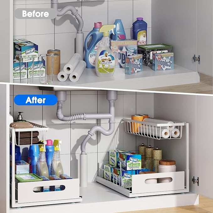 2 Pack Under Sink Organizer, 2 Tier Under Sink Organizers and Storage Multi-Purpose Under Sink Storage for Bathroom Kitchen (White)-NeatNest
