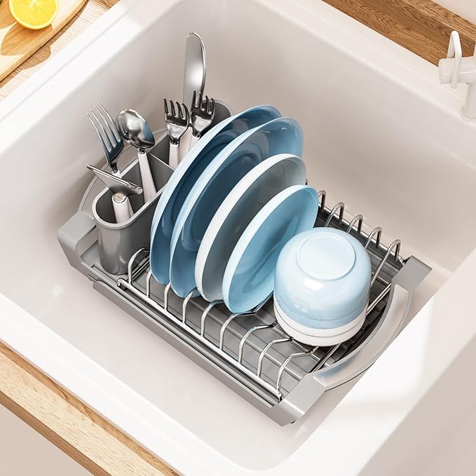 Expandable Dish Drying Rack for Sink or Countertop – Compact Stainless Steel Dish Drainer with Removable Utensil Holder, Rustproof Plate Rack for Small Kitchen Spaces, Grey