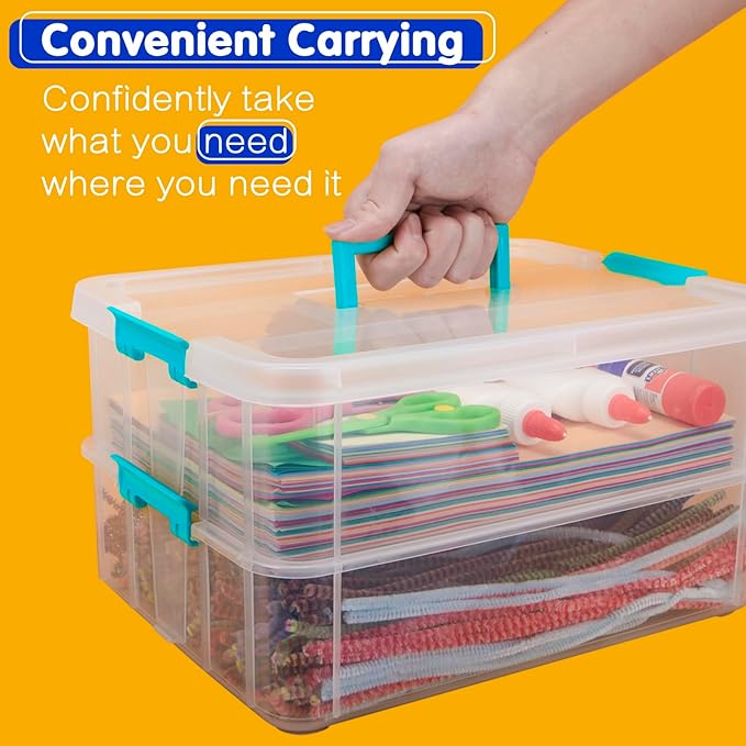 2 Layer Plastic Storage Containers with Lids, Multipurpose Clear Stack & Carry Box, Portable Craft Organizers and Storage Bin for Organizing Art & Craft, Sewing, Makeup, Nail Supplies (Blue)
