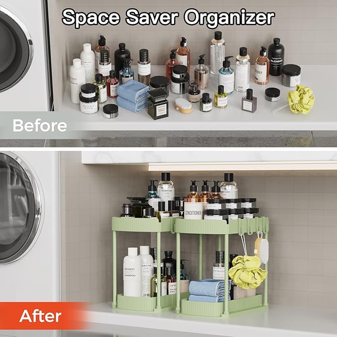 2 Pack Multi-Purpose Pull-Out Storage Organizers, Under Sink Organizers and Storage for Bathroom & Kitchen, Under Cabinet Organizers and storage, 12.8 Inch, Green-NeatNest