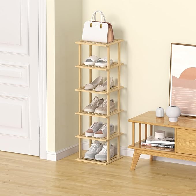 6-Tier Bamboo Shoe Rack - Vertical Shoe Rack for Small Spaces, Tall Narrow Shoe Rack Organizer for Closet Entryway Corner Garage and Bedroom,Free Stackable DIY，Primary Colours-NeatNest