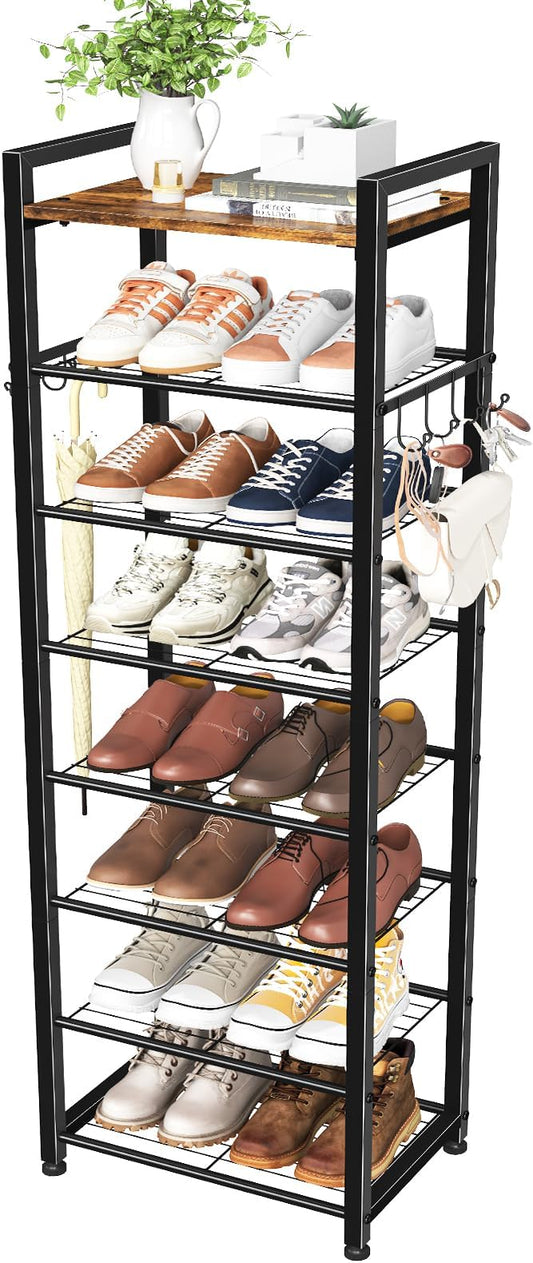 Simple Trending 8 Tiers Shoe Rack 16 Pairs Tall Wooden Plank Shoe Shelf with Hooks for Closet Entryway Organizer Sturdy Free Standing Shoe Storage Cabinet，Black-NeatNest