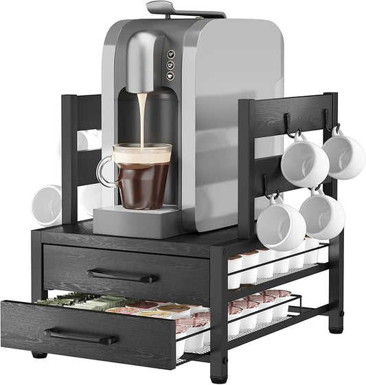 K Cup Holder Drawer - K Cup Storage Organizer, Coffee Pod Drawer with Hooks, Durable Iron-Wood Design, Space-Saving Coffee Station Organizer for Kitchen Counter-NeatNest