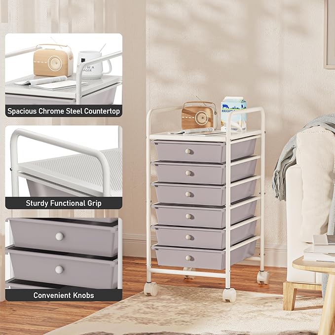 6-Tier Utility Cart with 6 Drawers, Rolling Utility Cart with 2 Lockable Caster Wheels, Multipurpose Mobile Rolling Drawer Cart for Office Bathroom Kitchen, Gray