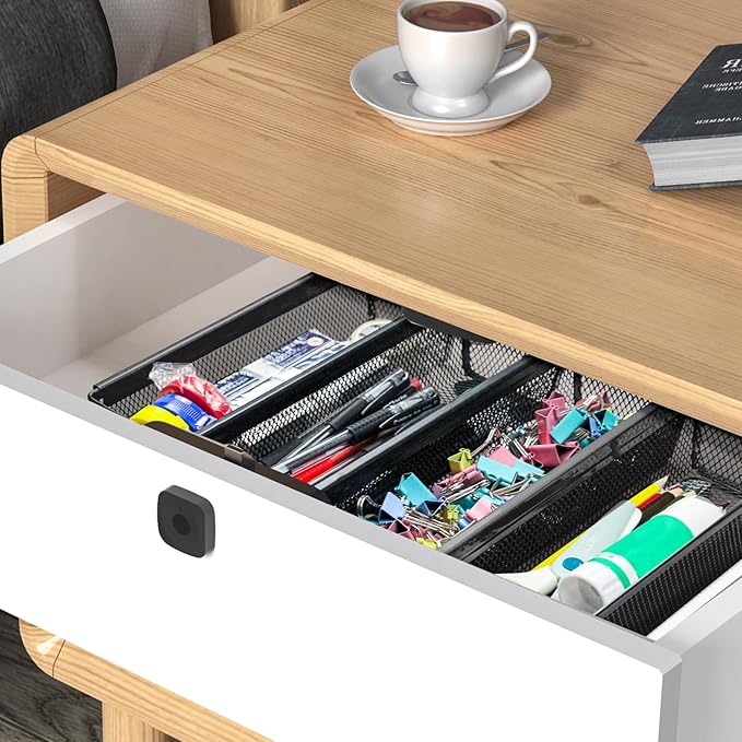 2PCS Drawer Organizer, Mesh Drawer Organizer with Interlocking Arm for Utensil, Cosmetic, Flatware, Pen (9 * 3 * 2 Inches, Black)-NeatNest