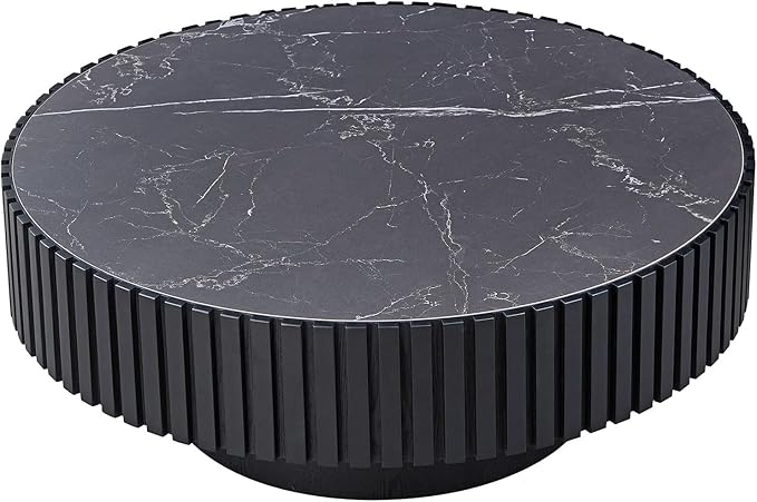 Coffee Table Stone Round 35.43'' for Living Room Modern Coffee Tables Wood Circle Drum Tea Fluted Solid Wooden Veneer Sintered Tabletop Handcraft Home Furniture for Apartment Easy Assembly Black-NeatNest
