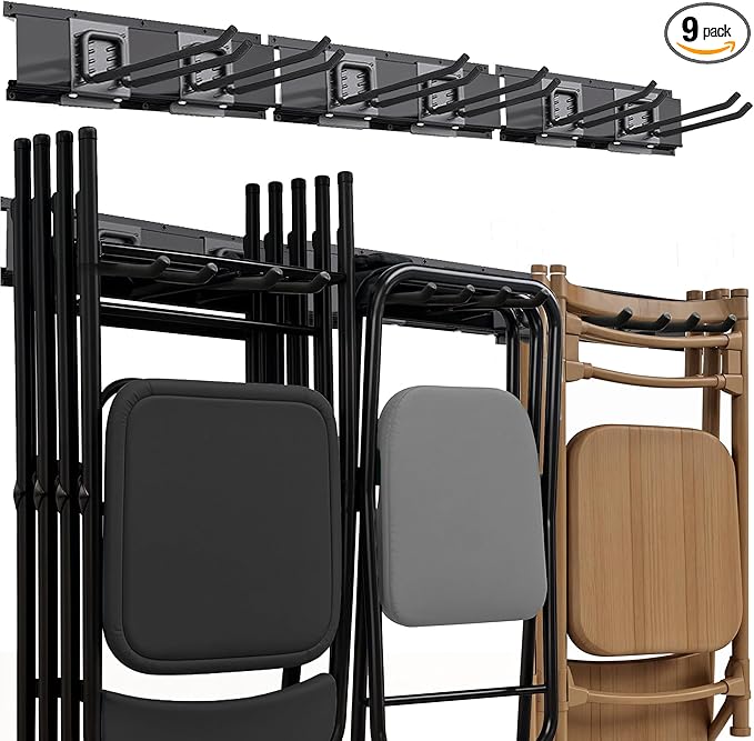 Garage Tool Organizer Wall Mount | 48-Inch Garage Wall Organizer & Folding Chair Rack | Heavy-Duty Tool Hanger System | 9-Piece Kit with 3 Steel Rails & 6 Adjustable Hooks | 300 lbs Capacity