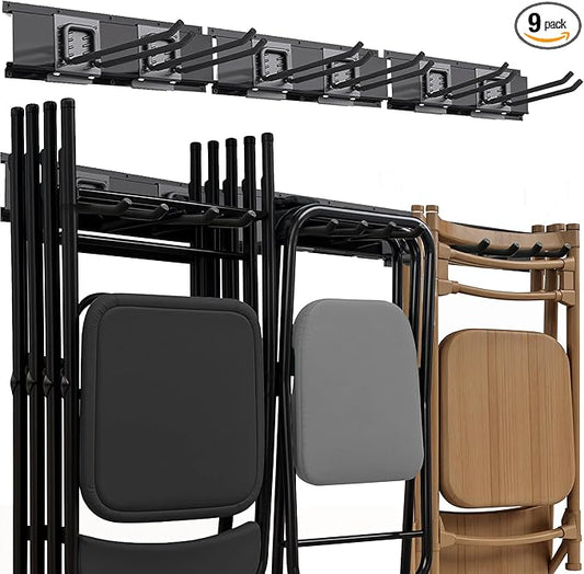 Garage Tool Organizer Wall Mount | 48-Inch Garage Wall Organizer & Folding Chair Rack | Heavy-Duty Tool Hanger System | 9-Piece Kit with 3 Steel Rails & 6 Adjustable Hooks | 300 lbs Capacity