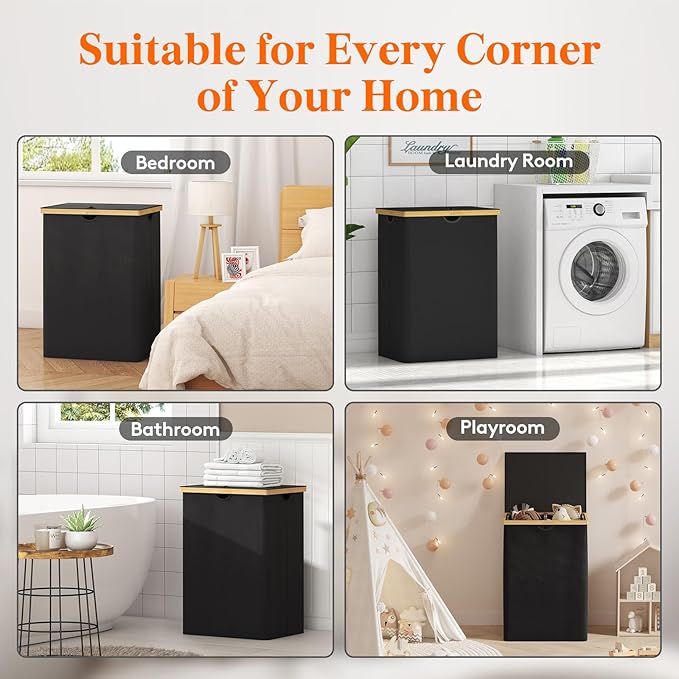 Lifewit 160L Double Laundry Hamper with Lid, Extra Large Bamboo Laundry Basket Dirty Clothes Hamper, 2 Section Laundry Bin Organizer for Laundry Room Bedroom with 2 Removable Liners & Bags, Dark Black-NeatNest