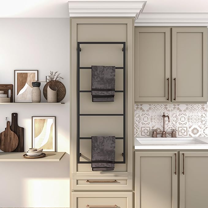 Elegant Wall Mounted 6 Tier Towel Holder, Rust-Resistant, Space-Saving Towel Rack for Effortless Drying, Perfect for Modern Farmhouse Bathroom, Kitchen Decor (44"(H) x 18"(W) x 3"(D))