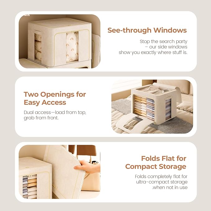 3Pack 60L Large Cloth Storage Bins with Metal Frame, Linen Storage Box with Clear Window, Stackable Sweater Storage for Closet, Clothes Containers for Comforters, Blankets, Quilts, T-shirt-NeatNest