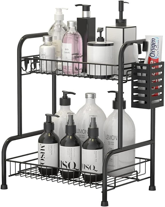 Bathroom Countertop Organizer With Toiletries Basket, 2 Tier Bathroom Counter Storage Rack with Adjustable Feetpad, No-Screw Caddy Stand for Vanity, Sturdy Metal Wire Black, Medium 12.8''L x 7.2''W