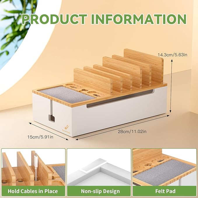 Pezin & Hulin Bamboo Cable Management Box, Wire Organizers for Cords, Charge Station Box, Desktop Dock Organizer Rack for Electronic Device (Include 6 Cables)(No Power Adapter) -Natural + White