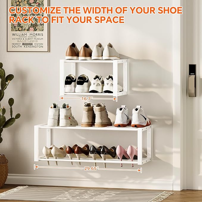 Homeiju Hanging Shoe Organizer,2 Pack Wall Mounted Shoe Rack Holds 12 Pairs,Space Saving Metal Wall Shoe Rack,Hanging Shoe Rack Shoe Holder for Small Space,Entryway,Closet,RV,Camper (White-NeatNest