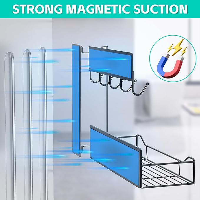 5 Pack Multifunctional Magnetic Shelves for Washing Machine & Refrigerator - Heavy Duty Laundry Room Organization System with Tool Hooks, Metal Storage Baskets (Black)