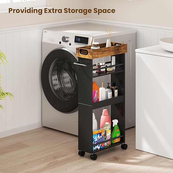 Slim Storage Cart, 4 Tier Bathroom Storage Cart with Pallets, Kitchen Utility Cart, Narrow Rolling Cart with Handle for Small Spaces for Dining Room, Bathroom, Laundry Room
