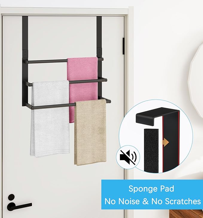 16Inch Over The Door Towel Rack, DOKU Stainless Steel Door Towel Hanger, Over Door Towel Holder with 3 Tier Towel Bars, Over Door Towel Storage for Bathroom, Matte Black