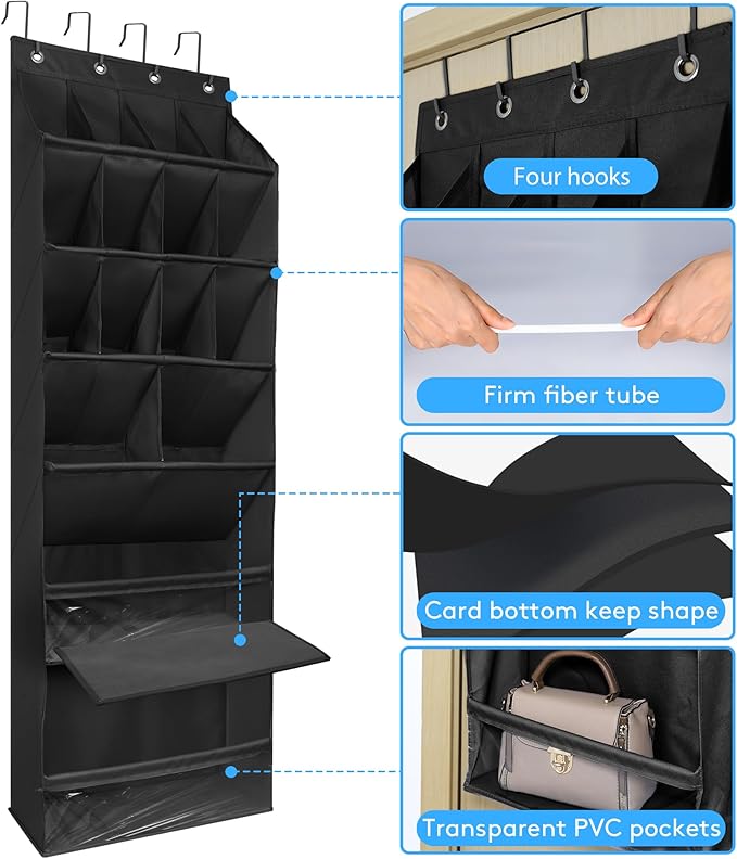 Over The Door Shoe Organizer with Large Deep Pockets Door Shoe Rack for Narrow Door Hanging Multifunction Shoe Holder for Dorm Closet Door, Black 16 Pockets-NeatNest